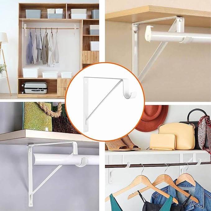8 Pack Heavy Duty Closet Shelf & Rod Brackets, Wall Mounted Closet Shelf Brackets, 11 x 10.2 Inch Closet Shelf Brackets with Rod Support, White