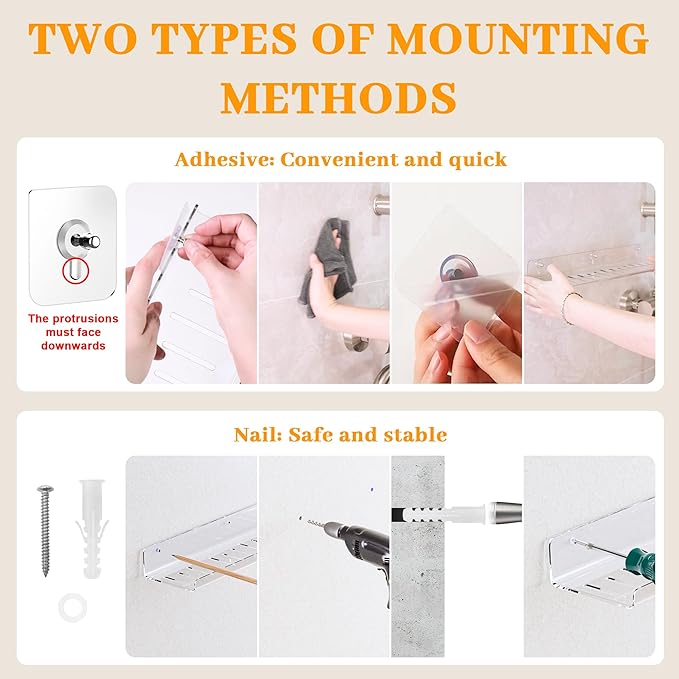 6 Pack Floating Shelves - Clear Acrylic/PET Wall Mounted Non-Drilling Storage Rack with Adhesive, Invisible Bathroom and Bedroom Shelves for Kitchen, Living Room, Clear Decoration