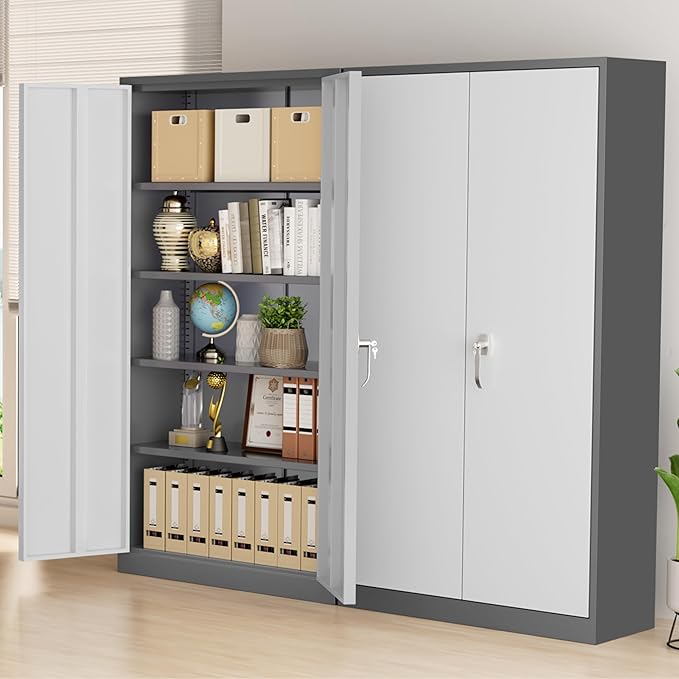 Greenvelly Metal Storage Cabinet with Doors and Shelves, 72" Inch Locking Metal Cabinet,Garage Storage Cabinet for Garage Office School Warehouse (White Gray)