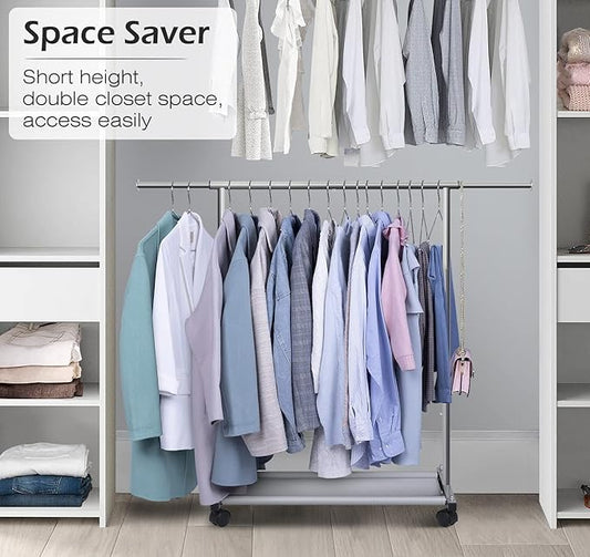 MISSLO Short Clothing Racks for Hanging Clothes with Bottom Shelves and Wheels Heavy Duty Rolling Clothes Rack Kids Clothing Rack for Adult Coat, Closet, Wardrobe
