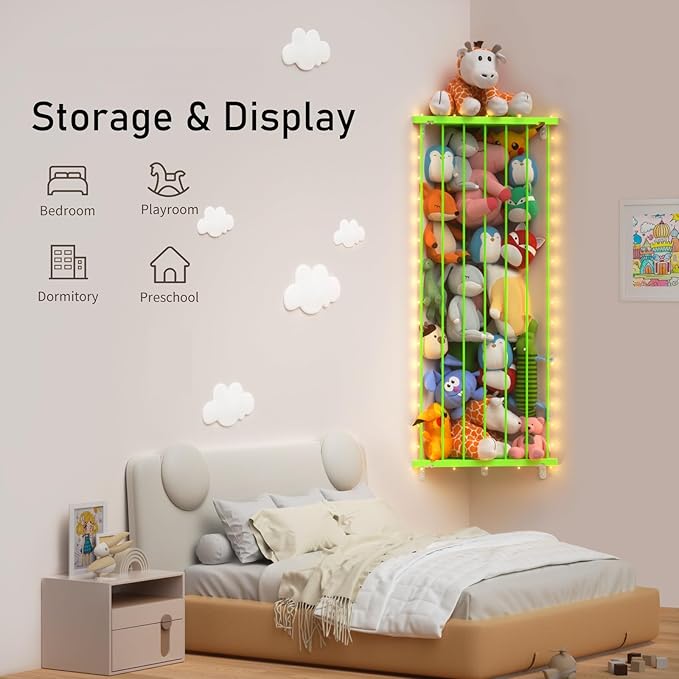 Corner Stuffed Animal Storage Net - Stuffed Animals Holder with Lights - Plush Organizer Hanging Stuffed Animal Hammock for Wall (Green, X-Large)