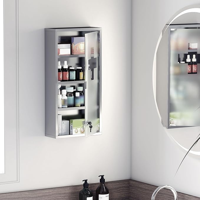 HOMCOM Wall Mounted Medicine Cabinet, Locking Wall Cabinet with 4 Tier Shelves, Stainless Steel Frame and Glass Door, Lockable with 2 Keys, Silver, 12" x 24"