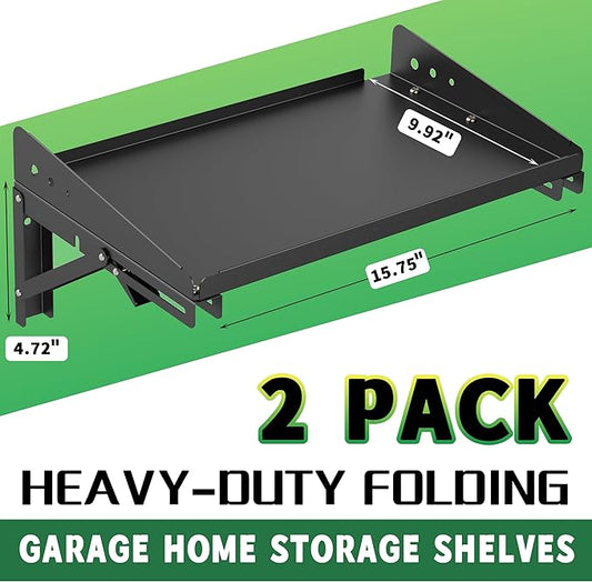 ULIBERMAGNET Garage Folding Storage Rack Shelves,200LB Metal Wall Mounted Adjustable Rail Shelf for Garage,Power Tools,Toolbox,Storage Shelves with Lip for Workshop Kitchen Office (2 Pack)