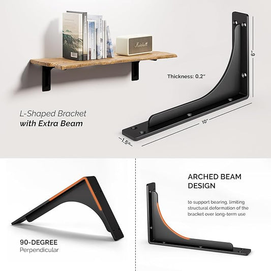 BATODA 10" x 6" L Bracket with Beam - Shelf Brackets Black 300 Lbs Capacity - Heavy Duty Shelving Brackets for Floating Shelves - Wall Mounted Support for DIY – Mounting Hardware Included (Pack 4)