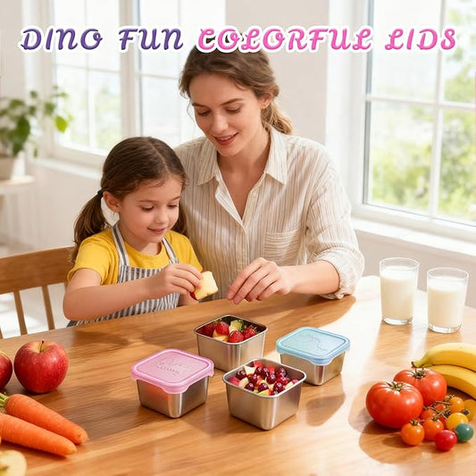 6-Pack Small (6 oz) Stainless Steel Snack Containers for Kids, Easy-Open Toddler Snack Containers with Lids - Cute Dinosaur Small Stackable Metal Snack Box for Daycare, School, Travel