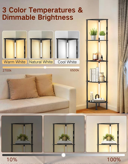 5-Tier Corner Bookshelf with LED Lights, Touch & Remote Control, 3 Color Temperatures, Dimmable Narrow Display Shelf with 1-Hour Timer for Living Room, Bedroom, Office (Black)