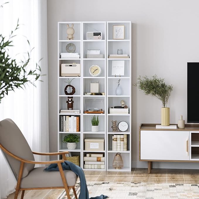 FOTOSOK White Bookshelf 8-Tier Media Tower Rack, 11.6 X 9.3 X 70.9 Inches CD DVD Slim Storage Cabinet with Adjustable Shelves, Tall Narrow Bookcase Display Bookshelf for Home Office, White