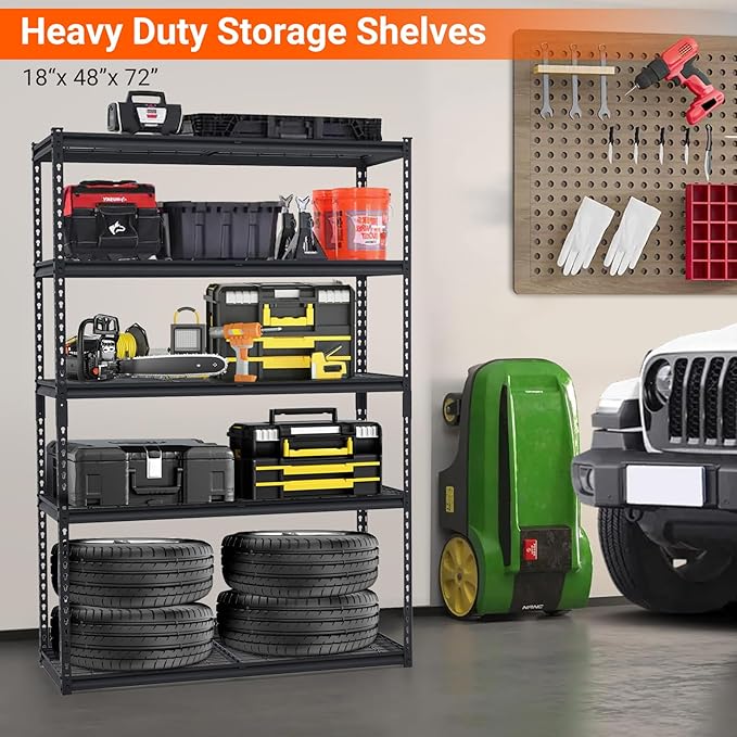 Heavy Duty Shelving - 5 Tire Garage Shelving 48x18x72in, Heavy Duty Garage Shelving Adjustable Height, Garage Shelving Units, Durable Storage Solution, Easy Assemble