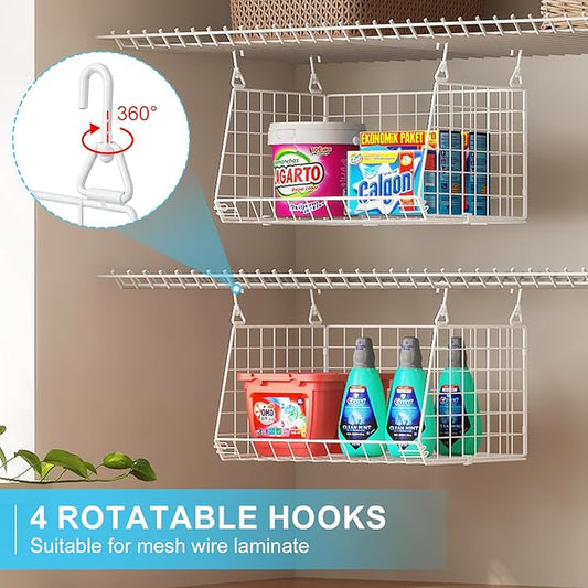 3-Tier Hanging Laundry Basket Organizer:Foldable Wire Shelf Laundry Room Organizer with 360°Rotating Hooks Small Space Solutions Pantry Baskets - Laundry Organization, White Patent