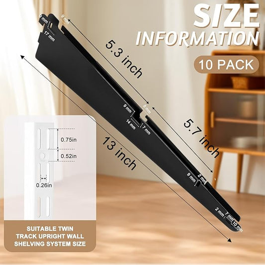 13-Inch Double-Track Wire Shelf Brackets, 10 Pack – Heavy-Duty Metal Shelving Supports for Twin-Track Wall Systems, Compatible with Wire Shelving and Wood Shelves, Black