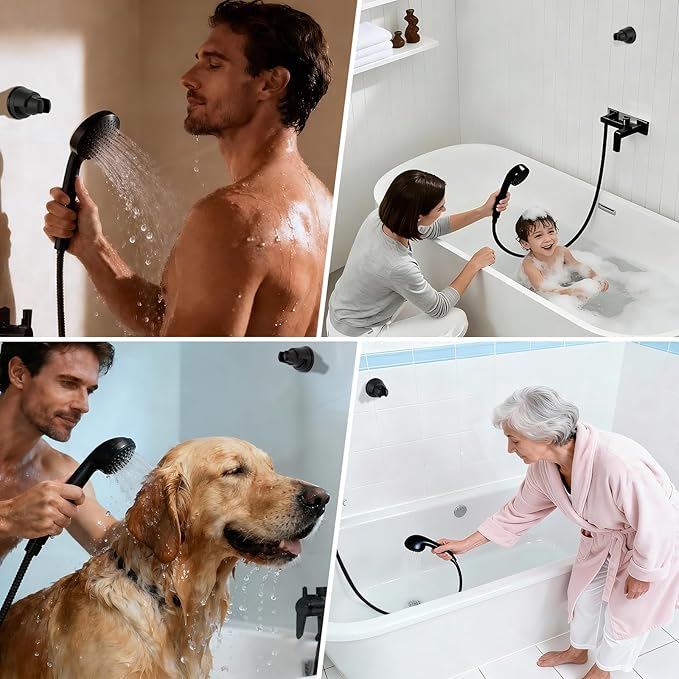 Hibbent Vacuum Suction Cup Shower Head Holder, Removable Showerhead Bracket, Height Adjustable Shower Wand Holder & Wall Mount ABS Plastic Suction Holder for Handheld Shower Head, Matte Black