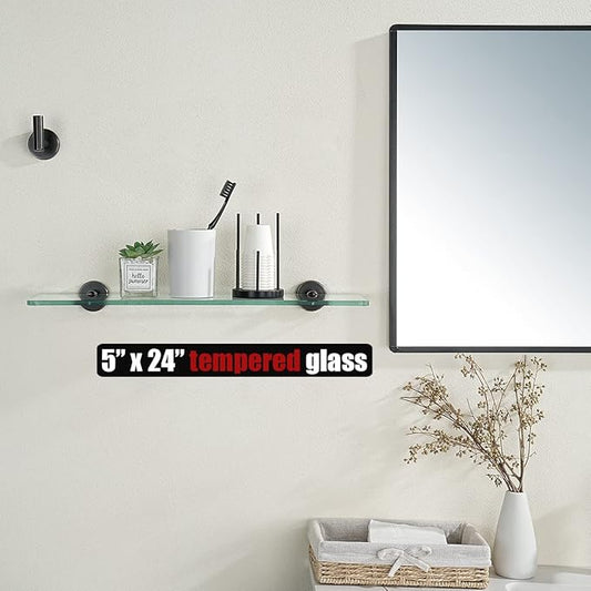 JQK Bathroom Glass Shelf Oil Rubbed Bronze, Tempered Glass Shower Storage 24 by 5 inches, 304 Stainless Steel ORB Wall Mount, TGS101L24-ORB