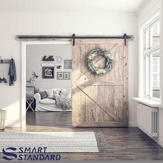 SMARTSTANDARD 9 Feet Heavy Duty Sturdy Sliding Barn Door Hardware Kit-Smoothly and Quietly-Includes Detailed Installation Fit 54" Wide Doorpanel (J Shape Hanger) Black
