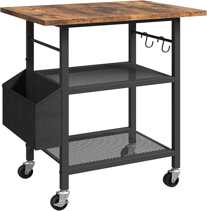 3-Tier Printer Stand, Rolling Printer Table on Wheels, Industrial Storage Stand with Side Pocket, Wooden Tabletop, 2 S-Shaped Hooks, for Home Office, Rustic Brown and Black PTHR2501
