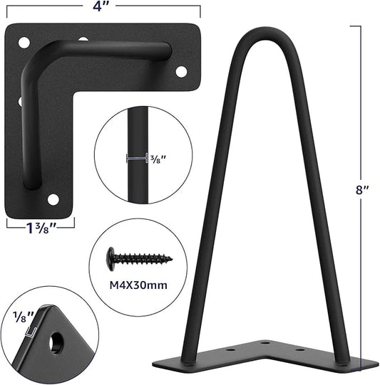 SMARTSTANDARD 8 Inch Heavy Duty Hairpin Furniture Legs, Metal Home DIY Projects for TV Stand, Sofa, Cabinet, etc with Rubber Floor Protectors Black 4PCS