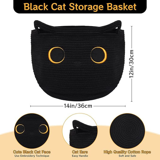 Cute Black Cat Round Basket - Cotton Rope Baskets Large Baby Laundry Blasket for Nursery, Woven Blanket Basket Hamper With Handle Toy Storage Basket for Gifts, Baby Shower 14 ×12 inchs 30.5L