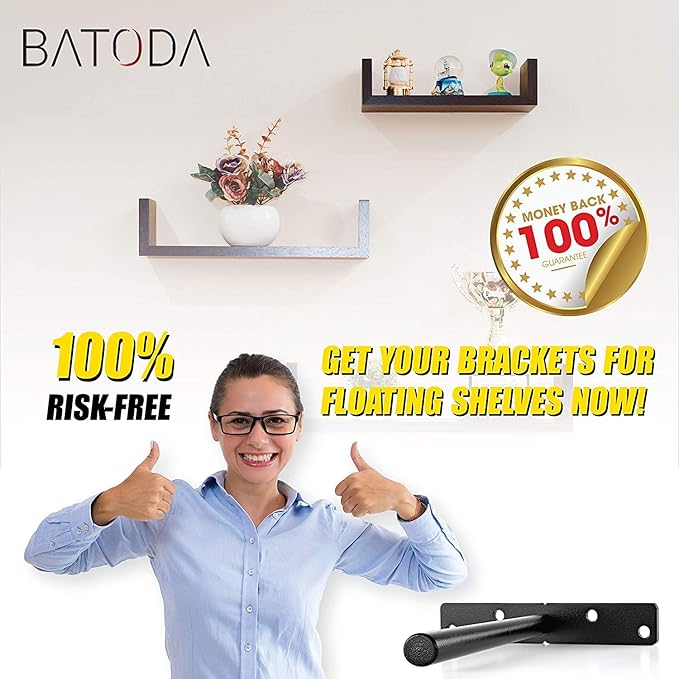 BATODA 6" Floating Shelf Bracket Heavy Duty (16 pcs) – Solid Steel Blind Shelf Supports - Hidden Brackets for Floating Wood Shelves - Blind Shelf Support - Shelving Mounting Hardware Included (Pack16)