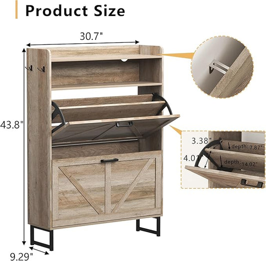 Shoe Cabinet with 2 Flip Drawers, Freestanding Hidden Shoe Storage Organizer for Entryway, Narrow Slim Shoe Rack Cabinet with Open Storage & Hooks for Front Door Entrance, Living Room, Hallway, Grey
