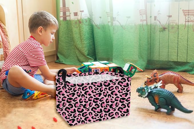 Essme Rectangular Kids Baskets,Pink Storage Basket with Handles for Girls Room Decor, Leopard Print Box,Cute Storage Bin(Pink leopard print)