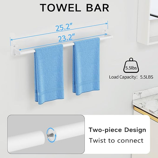 Bathroom Accessories Set, 4 Pieces White Bathroom Hardware Set, 24 inch Towel Bar, Towel Racks for Bathroom, Robe Towel Hooks, Toilet Paper Holder Wall Mounted