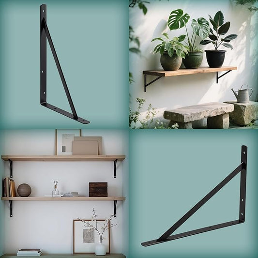 HOME MASTER HARDWARE 16x10 inch Heavy Duty Shelf Brackets, Black Metal Wall Mounted Supports for Shelves, L Shaped Shelf Angle Bracket for Floating Shelves, 6 Pack