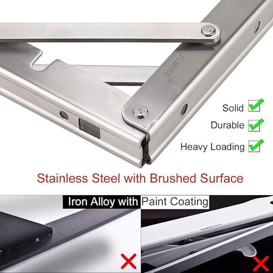 YUMORE Folding Shelf Brackets 8", Max Load: 300lb Heavy Duty Stainless Steel Collapsible Shelf Bracket for Table Work Bench, Space Saving DIY Bracket, Pack of 2