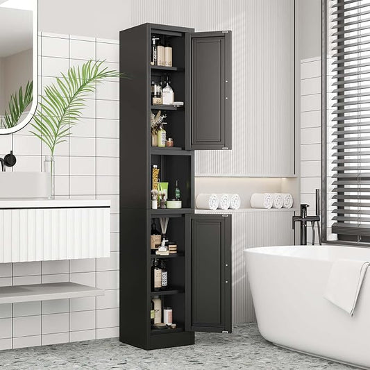 67" Tall Narrow Storage Cabinet Metal Bathroom Cabinet with 2 Doors & 4 Adjustable Shelves, Standing Pantry Cabinets Cupboard for Kitchen, Dining Room, Living Room and Bathroom (Black)