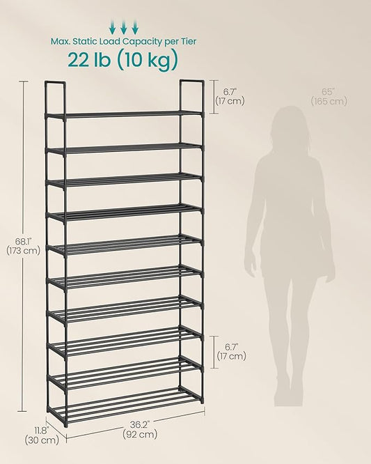 SONGMICS Shoe Rack, 10-Tier Shoe Organizer, Metal Storage Shelf, Upright or Upside Down, for 44-55 Pairs, for Entryway, 11.8 x 36.2 x 68.1 Inches, Black ULSA011B01