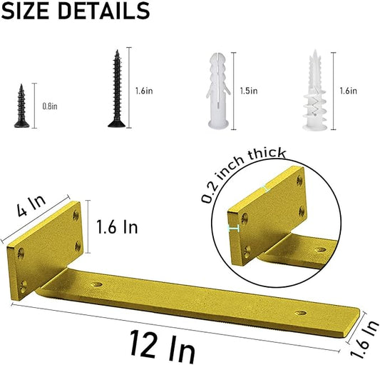 YMDparts Heavy Duty Shelf Brackets, 5mm Thick Rustic Gold Shelf Brackets for Custom Wood Shelves, 12 Inch Solid Steel Wall Mount Brackets with Hardware Needed (6Pcs)