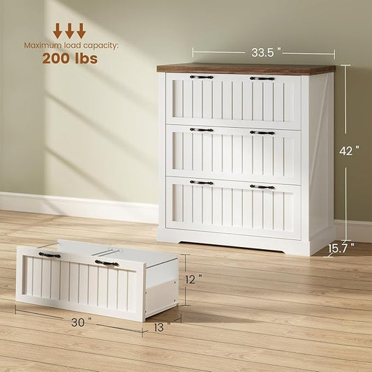 SEDETA 3 Drawer File Cabinet, Farmhouse Filing Cabinet for Home Office, Wood Office File Cabinets for Letter/Legal/A4 Size, Lateral File Cabinets with Printer Stand for Study Room, Living Room, White
