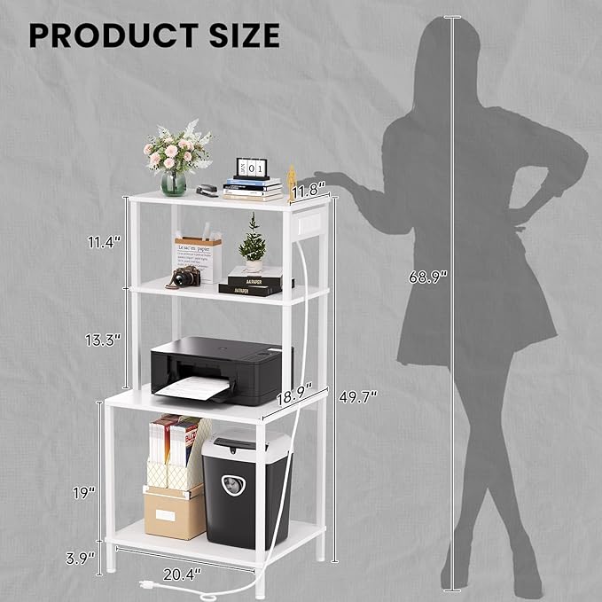 Printer Stand with Charging Station, 49"Tall 4-Tier printer Stand with Storage, Large Printer Table for Home Office, Kitchen, Living Room, PrinterCart Beside Desk for Printer, Scanner (White)