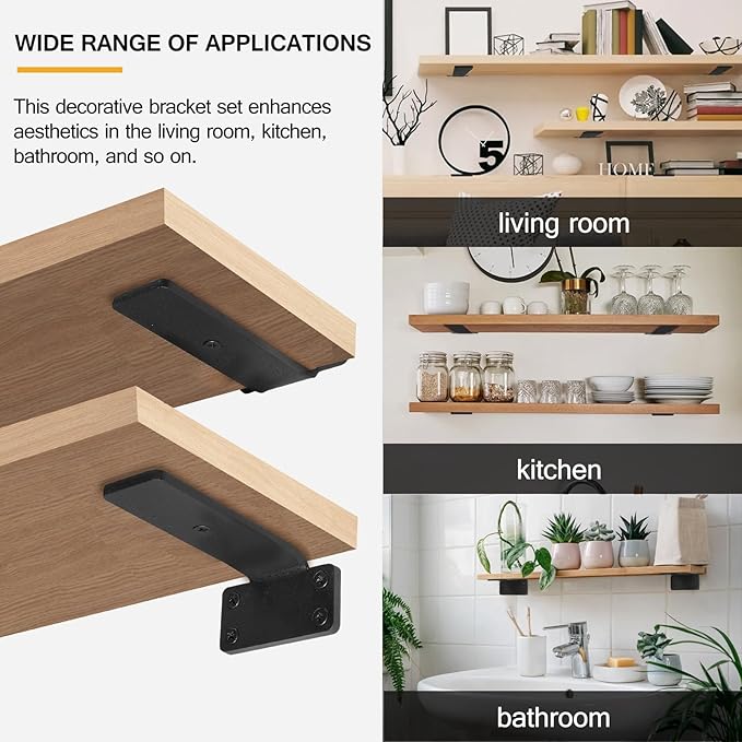 HITOMEN Heavy Duty Floating Shelf Brackets, 5-Inch (1/5'' Thick) Hidden Shelves Hardware, Iron L Brackets, Rustic Industrial Black Metal Wall Shelving Supports, 6 Pack