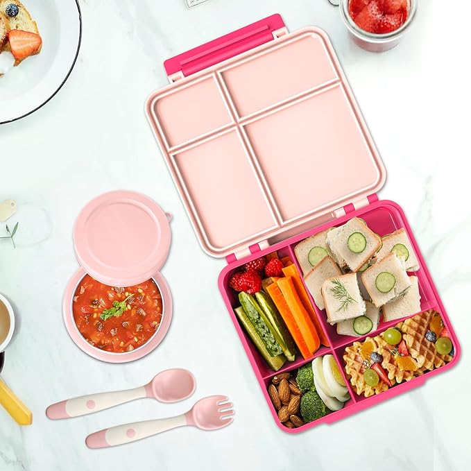 Kids Bento Lunch Box with 8oz Soup Thermo, Kids Leakproof Lunch Food Containers with 4 Compartment,Insulated Hot Food Jar with Lunch Bag for School, Travel (Pink)