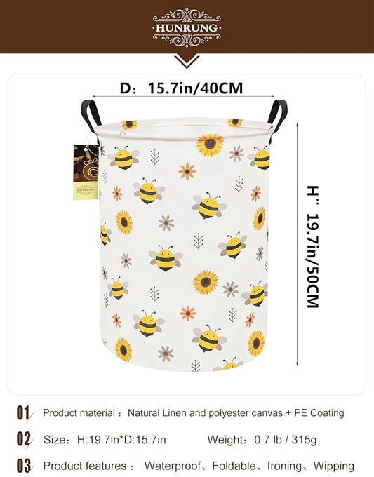 HUNRUNG Laundry Hamper,Large Canvas Fabric Lightweight Storage Basket Toy Organizer Dirty Clothes Collapsible Waterproof for College Dorms(Round-Bee)