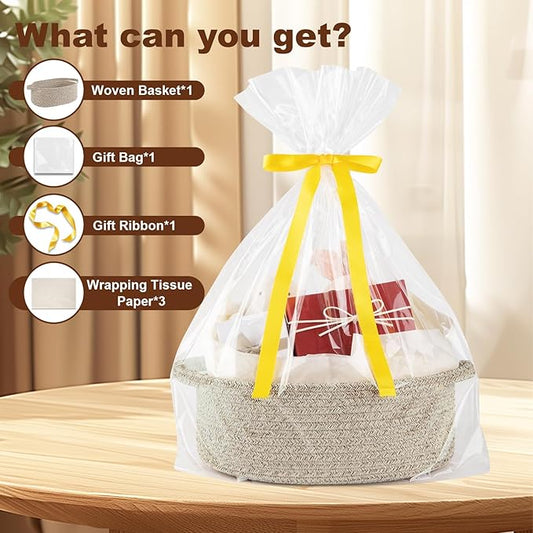 OIAHOMY Gift Basket with Handle, Small Woven Basket with Gift Bag,Ribbon and Wrap Tissue Paper,Nursery Bins Empty to Fill with Small Items, Baby,Pet Toy Organizer - Brown