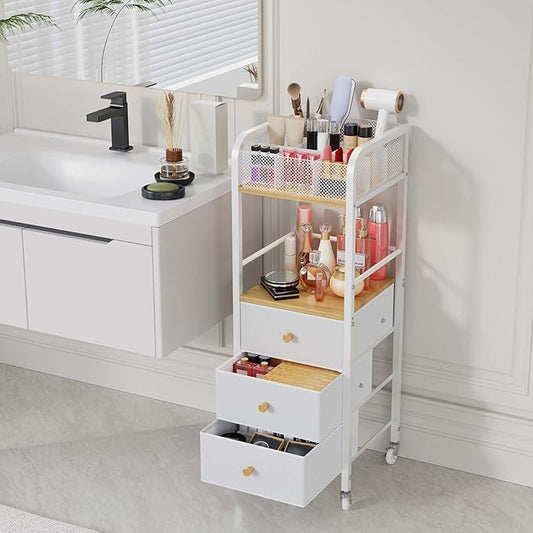 HapiRm Rolling Makeup Cart Organizer - Floor Skincare Make Up Storage with 3 Non-woven Fabric Drawers, Vanity Organizer Cosmetic Display Cases Holder for Skin Care Perfume Nail Polish Brush Hair Tool