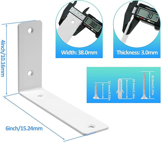 L Floating Shelf Brackets,8 Pack Heavy Duty L Brackets for Shelves, L 6" X H 4" White Metal Countertop Support Brackets,Wall Mounting for Wood