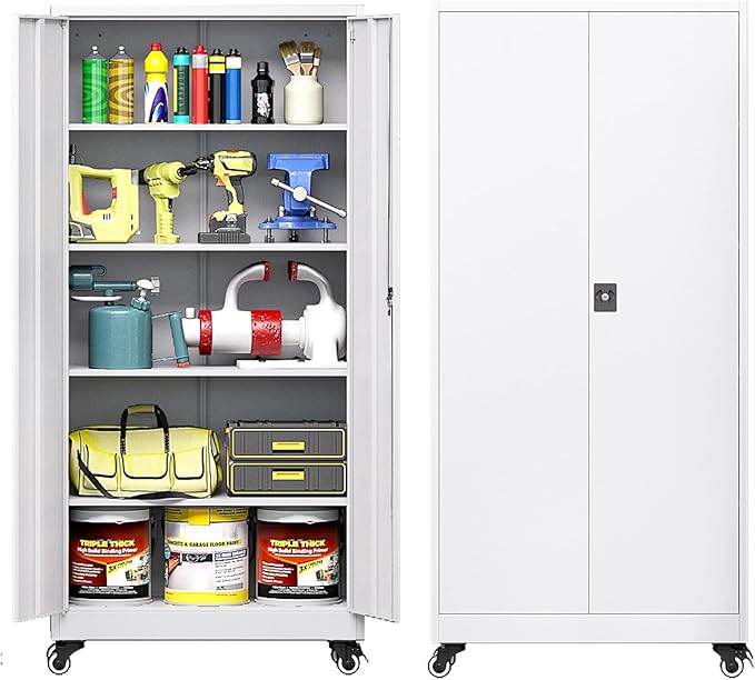 Metal Storage Cabinet with Wheels, Tall Garage Storage Cabinet with 4 Adjustable Shelves and 2 Doors, Lockable Tool Cabinet for Garage Home Office,Gym,School (White)