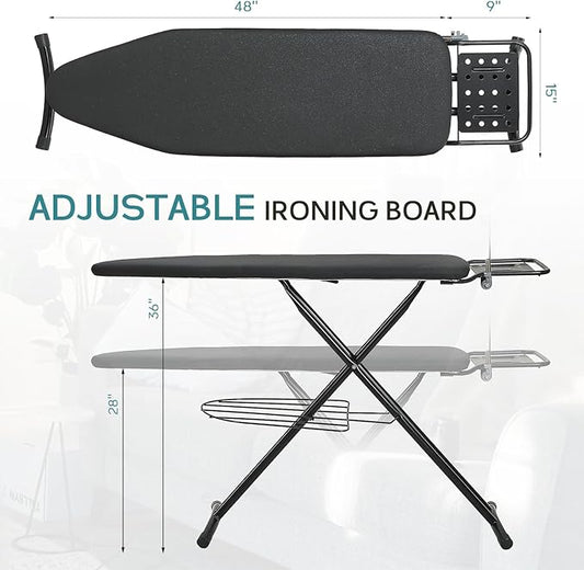 Ironing Board 48x15 in, RAINHOL Large Heavy Duty Ironing Boards Full Size with Pad and Cover, Height Adjustable Iron Stand with Storage Tray and Iron Rest, Black