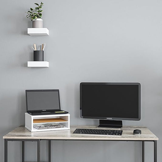 Ballucci File Organizer, 2-Tier Document Paper Sorter, Stackable Wood Desk Organizer Mail Holder, Monitor Stand with Storage Shelves, White