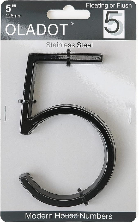 5" Stainless Steel Floating House Number, Metal Modern House Numbers, Mailbox Decor Number with Nail Kit, Coated Black, 911 Visibility Signage (5)