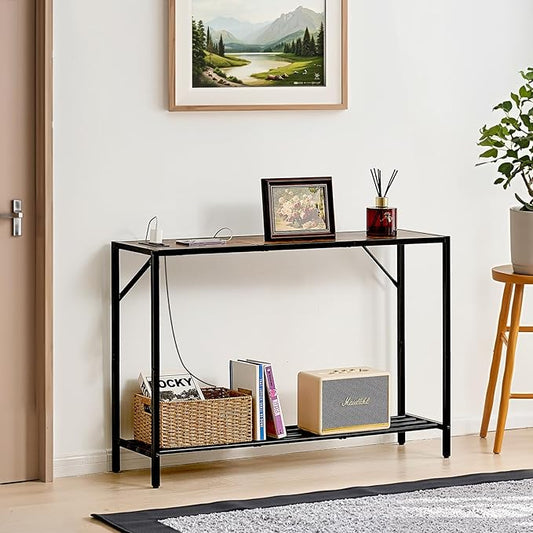 VEVOR Narrow Console Table, 41.7" Behind Couch Shelf with Power Outlets, 2-Tier Long Entryway Shelf, Sofa Table with Metal Frame and Charge Station, for Entryway, Hallway, Living Room