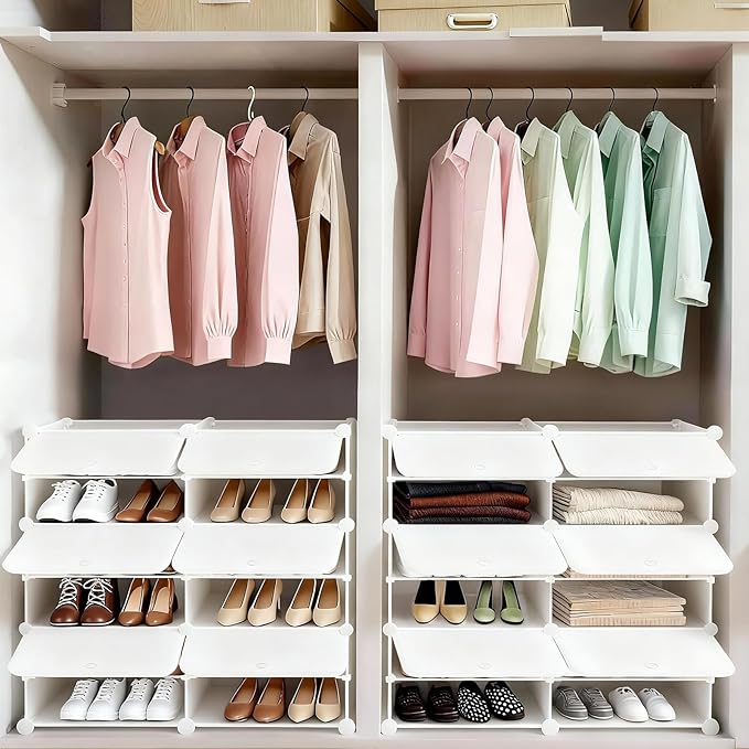 DUMOS Shoe Rack Organizer, 6-Tier Shoe Storage Cabinet with Door, Stackable Plastic Shoe Shelves Organizer for Closet,Entryway,Hallway,Bedroom, 24 Pairs, White