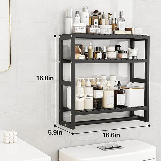 Over The Toilet Storage Bathroom Shelves Wall Mounted 3 Tier Space Saver Corner Shelf Organizer Bamboo Towel Rack Toilet Paper Cabinet with Hanging Rod Black Sets