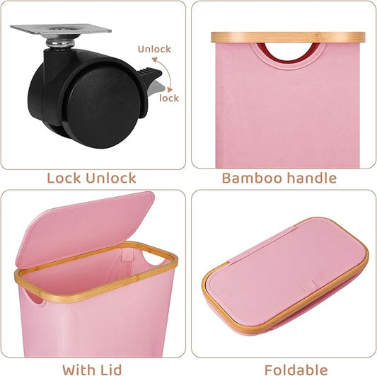 Slim Laundry Basket with Wheels,Narrow Hampers for Laundry,Freestanding Laundry Hamper with Lid&Bamboo Handles,Collapsible & Waterproof Tall Cloth Hamper for Dorm Family(60L Pink)