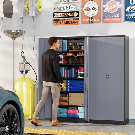 Metal Garage Storage Cabinets with Lock, 71" Tall Tool Cabinet with 2 Door and 5 Adjustable Shelves, Locking Garage Cabinets and Lockable Steel Locker for Home Office Warehouse-(Black Gray-71”H)