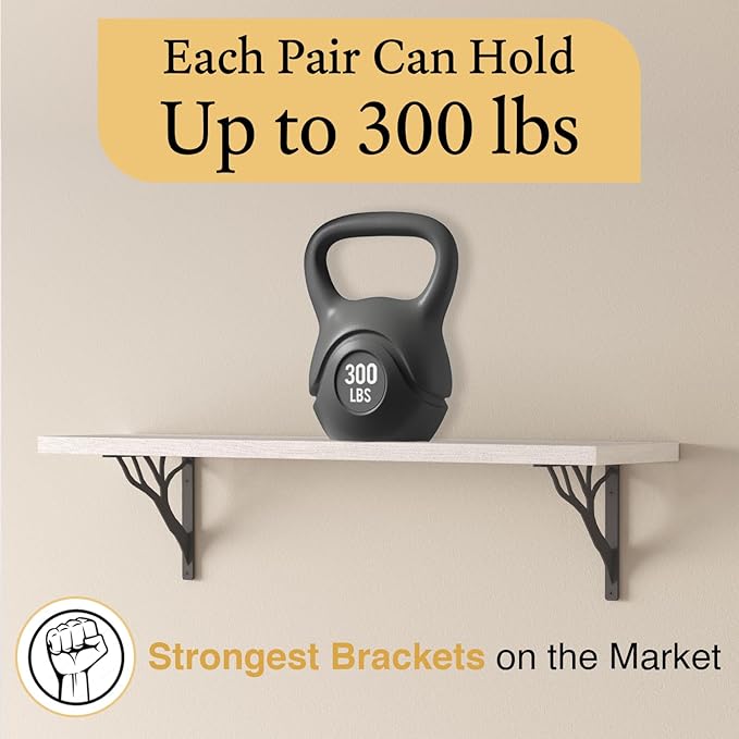 Rustic Tree Black Heavy Duty Shelf Brackets 10 inch by Balin Designs, Decorative L Brackets, Iron Metal Floating Shelf Bracket, Wall Mount Shelving Bracket, Included Hardware, Set of 4
