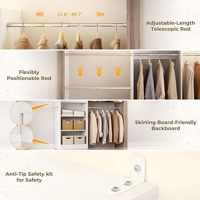 Homieasy White Wooden Closet System, 4.5-10ft Expandable Closet Organizer with 5 Hanging Rods & 4-Tier Shelving Tower, Adjustable Walk-in Reach-in Wardrobe Storage Solution for Bedroom