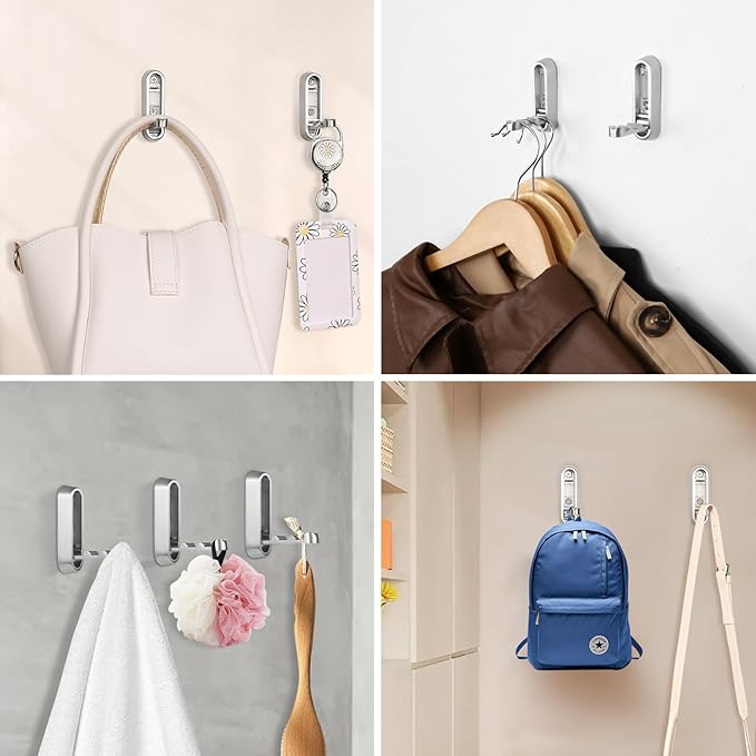 Folding Coat Hooks, 6 Pcs Foldable Silver Wall Hooks Heavy Duty Foldable Hook Bathroom Towel Hooks Robe Hooks Wall Mounted for Hanging Coat Towels Clothes Hat Bags Keys