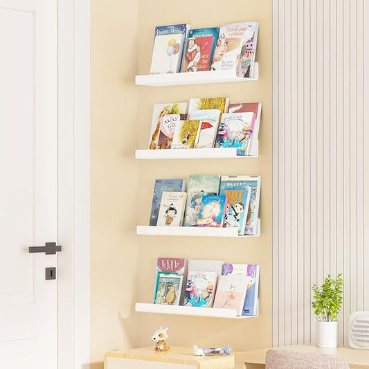 upsimples Acrylic Shelves for Wall Decor, 15" Display Shelf Perfume Organizer for Bathroom, Bedroom, Living Room, Floating Bookshelves for Kids, White, 4 Pack | for Kids, Display Shelf, Organizer, for Bathroom, Bedroom, Living Room Decor